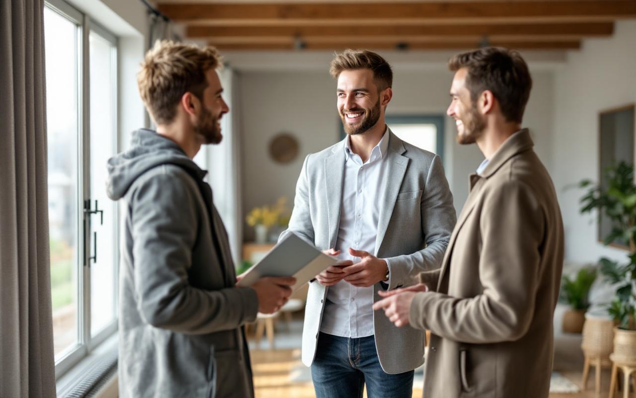 Un agent immobilier montre une maison &agrave; des clients, avec un int&eacute;rieur moderne et lumineux, cr&eacute;ant une atmosph&egrave;re accueillante et conviviale.
