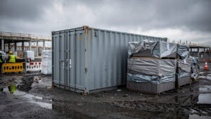 Chantier immobilier sous ciel couvert, avec un conteneur de stockage sécurisé et des matériaux protégés par des bâches.