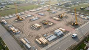 Vue aérienne d’un chantier résidentiel organisé avec accès balisés, engins de construction, zones de travail distinctes et matériaux soigneusement rangés.