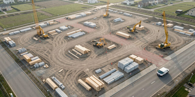 Vue aérienne d’un chantier résidentiel organisé avec accès balisés, engins de construction, zones de travail distinctes et matériaux soigneusement rangés.