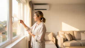 Locataire examinant une légère trace d’humidité près d’une fenêtre dans un appartement lumineux équipé d’un climatiseur mural pendant une forte chaleur.