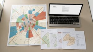 Carte urbaine française avec repères immobiliers, ordinateur portable et documents cadastraux disposés sur un bureau.