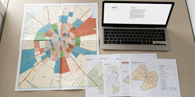 Carte urbaine française avec repères immobiliers, ordinateur portable et documents cadastraux disposés sur un bureau.