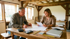 Un homme et une femme consultent des plans de rénovation et un audit énergétique autour d’une table dans une maison ancienne lumineuse, avec une calculatrice et des échantillons de matériaux.