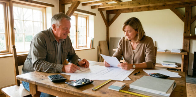 Un homme et une femme consultent des plans de rénovation et un audit énergétique autour d’une table dans une maison ancienne lumineuse, avec une calculatrice et des échantillons de matériaux.