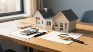 Maquette de maison, calculatrice, documents vierges et loupe disposés sur un bureau pour symboliser l’évaluation attentive d’une offre de prêt immobilier.
