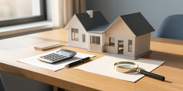 Maquette de maison, calculatrice, documents vierges et loupe disposés sur un bureau pour symboliser l’évaluation attentive d’une offre de prêt immobilier.