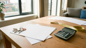 Intérieur lumineux d’un appartement moderne avec des clés, des documents vierges, une calculatrice et un mètre ruban sur une table.
