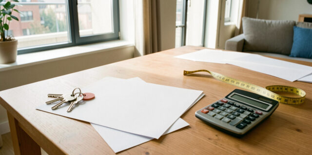 Intérieur lumineux d’un appartement moderne avec des clés, des documents vierges, une calculatrice et un mètre ruban sur une table.