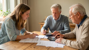 Un jeune couple belge examine un plan de financement immobilier avec deux parents autour d’une table, entourés de documents bancaires vierges et d’une calculatrice.