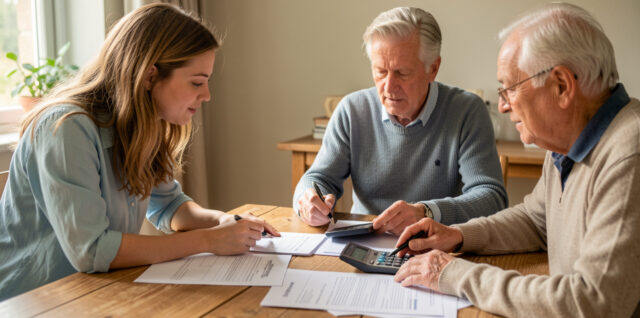 Un jeune couple belge examine un plan de financement immobilier avec deux parents autour d’une table, entourés de documents bancaires vierges et d’une calculatrice.