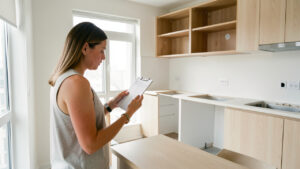 Une locataire examine un inventaire de mobilier vierge tout en photographiant une cuisine incomplète dans un appartement lumineux.