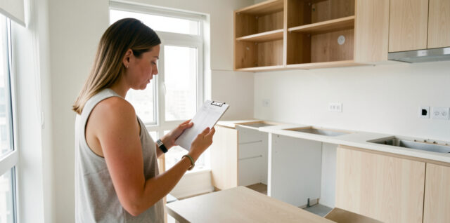 Une locataire examine un inventaire de mobilier vierge tout en photographiant une cuisine incomplète dans un appartement lumineux.