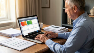 Propriétaire bailleur assis devant un ordinateur dans un bureau, entouré de documents locatifs et d’un calendrier de gestion visuellement neutre.