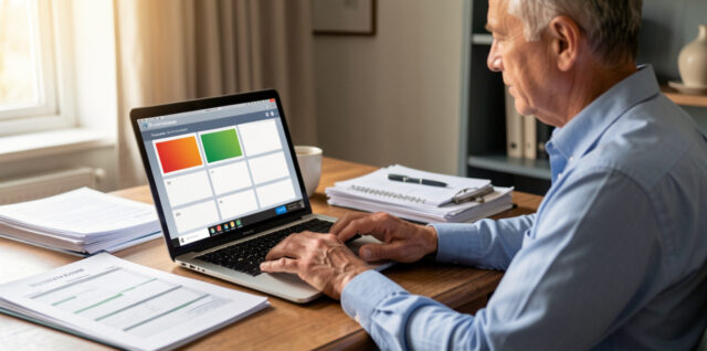 Propriétaire bailleur assis devant un ordinateur dans un bureau, entouré de documents locatifs et d’un calendrier de gestion visuellement neutre.