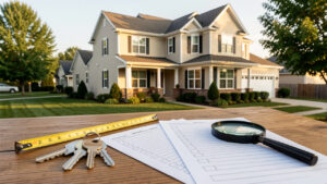 Maison résidentielle inspectée avec des clés, un mètre ruban, une loupe et des documents vierges au premier plan.