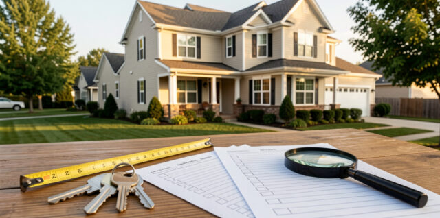 Maison résidentielle inspectée avec des clés, un mètre ruban, une loupe et des documents vierges au premier plan.