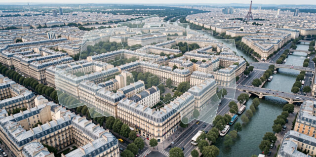 Vue aérienne réaliste de Paris montrant les immeubles haussmanniens, les quartiers contemporains, la Seine et une représentation discrète des limites des vingt arrondissements.