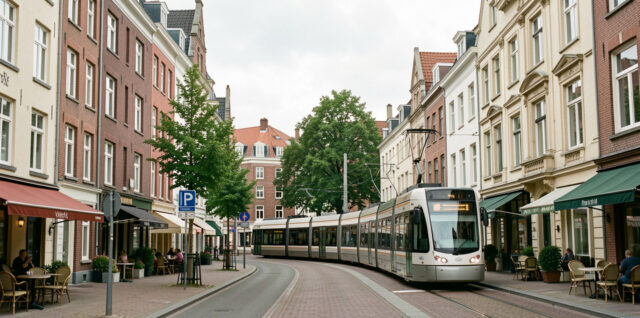 Vue urbaine réaliste de Bruxelles montrant des immeubles résidentiels, un tramway et un quartier mixte sous une lumière douce.