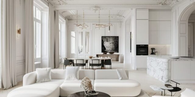 Salon lumineux d’un appartement haussmannien avec parquet en bois, moulures au plafond et cheminée en marbre.