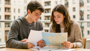 Jeune homme et jeune femme consultant des documents locatifs vierges et une carte de France, avec des immeubles urbains en arrière-plan.