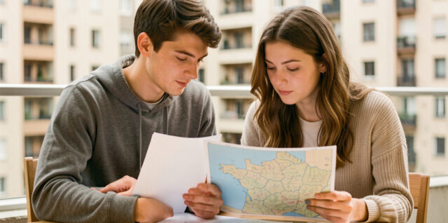 Jeune homme et jeune femme consultant des documents locatifs vierges et une carte de France, avec des immeubles urbains en arrière-plan.