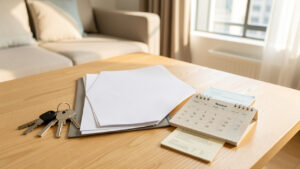 Clés d’appartement, dossier de documents vierges et calendrier aux pages indistinctes posés sur une table dans un intérieur lumineux.