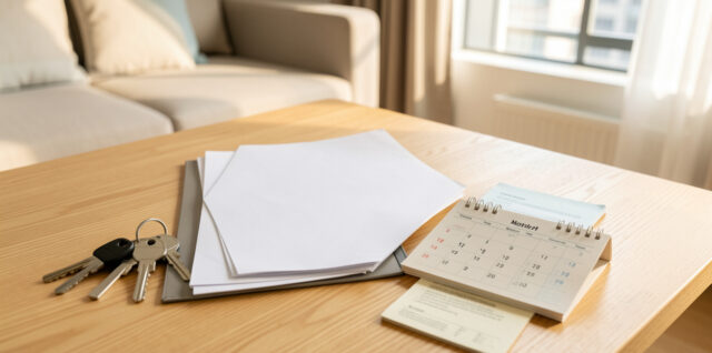 Clés d’appartement, dossier de documents vierges et calendrier aux pages indistinctes posés sur une table dans un intérieur lumineux.