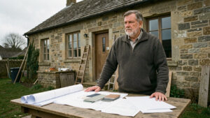 Un homme d’âge mûr se tient devant une maison ancienne en rénovation, avec des plans roulés, des échantillons de matériaux et des documents vierges posés sur une table en bois.