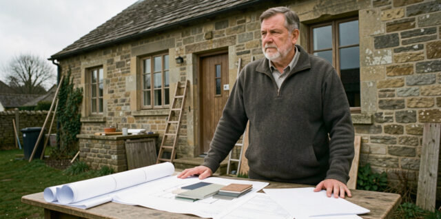 Un homme d’âge mûr se tient devant une maison ancienne en rénovation, avec des plans roulés, des échantillons de matériaux et des documents vierges posés sur une table en bois.