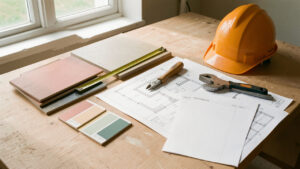 Espace de travail lumineux avec échantillons de matériaux, plans, feuilles de devis vierges, casque et outils pour préparer une rénovation.