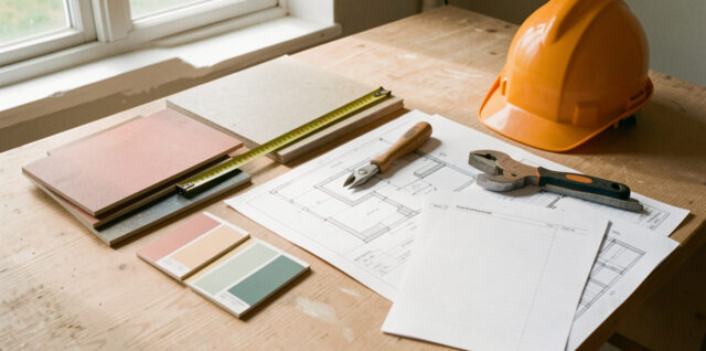 Espace de travail lumineux avec échantillons de matériaux, plans, feuilles de devis vierges, casque et outils pour préparer une rénovation.