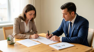 Une propriétaire vérifie attentivement un mandataire immobilier et des documents vierges avant de signer un mandat de vente.