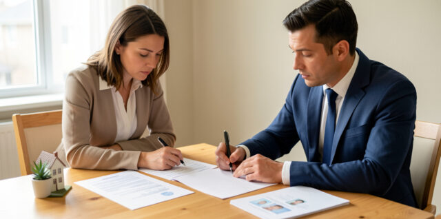 Une propriétaire vérifie attentivement un mandataire immobilier et des documents vierges avant de signer un mandat de vente.