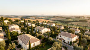 Vue panoramique réaliste de Béziers depuis les hauteurs, avec des maisons aux toits clairs, une végétation méditerranéenne et une lumière chaleureuse de fin d’après-midi.
