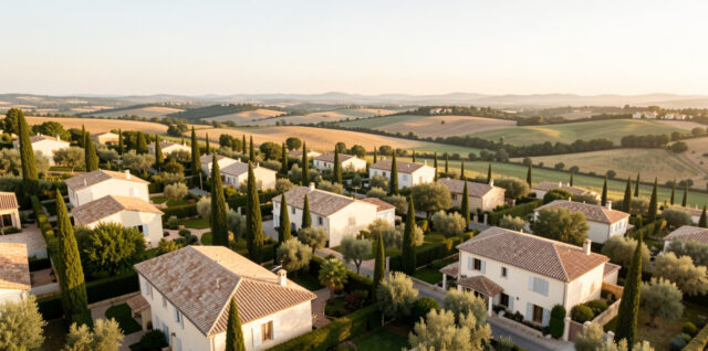 Vue panoramique réaliste de Béziers depuis les hauteurs, avec des maisons aux toits clairs, une végétation méditerranéenne et une lumière chaleureuse de fin d’après-midi.