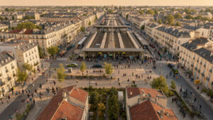 Vue aérienne réaliste d’une ville française dynamique avec des immeubles résidentiels, une gare et des groupes d’étudiants et d’actifs sous la lumière naturelle de fin de journée.