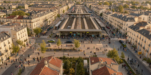 Vue aérienne réaliste d’une ville française dynamique avec des immeubles résidentiels, une gare et des groupes d’étudiants et d’actifs sous la lumière naturelle de fin de journée.
